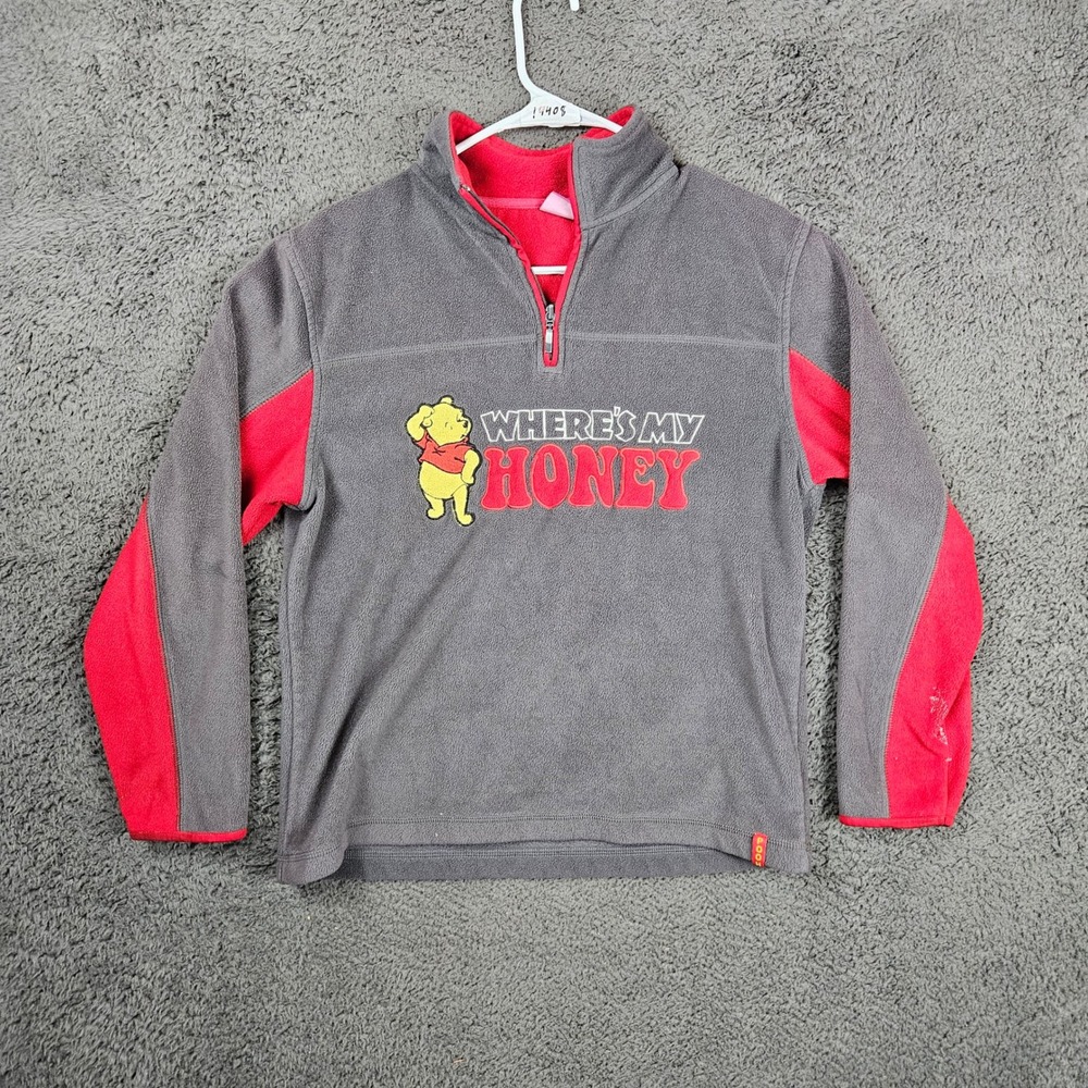 Disney Winnie the Pooh Fleece Pullover Gray Red 1/4 Zip Wheres My Honey Vintage